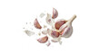 © Setia Fitra - Garlic bulb exploding with cloves and skin flying outward, capturing the intensity of flavor and spicy ingredients on a transparent background.