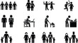 © Sabbir's World - Family and relationship icon set featuring parents, children, elders, work activities, chores and daily life scenes in simple black pictogram style