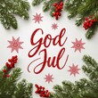 © GenоМ. - Festive Scandinavian Christmas greeting card with the text “God Jul” in elegant calligraphy. Cozy Nordic style, red and white palette, winter patterns, snowflakes, pine branches.