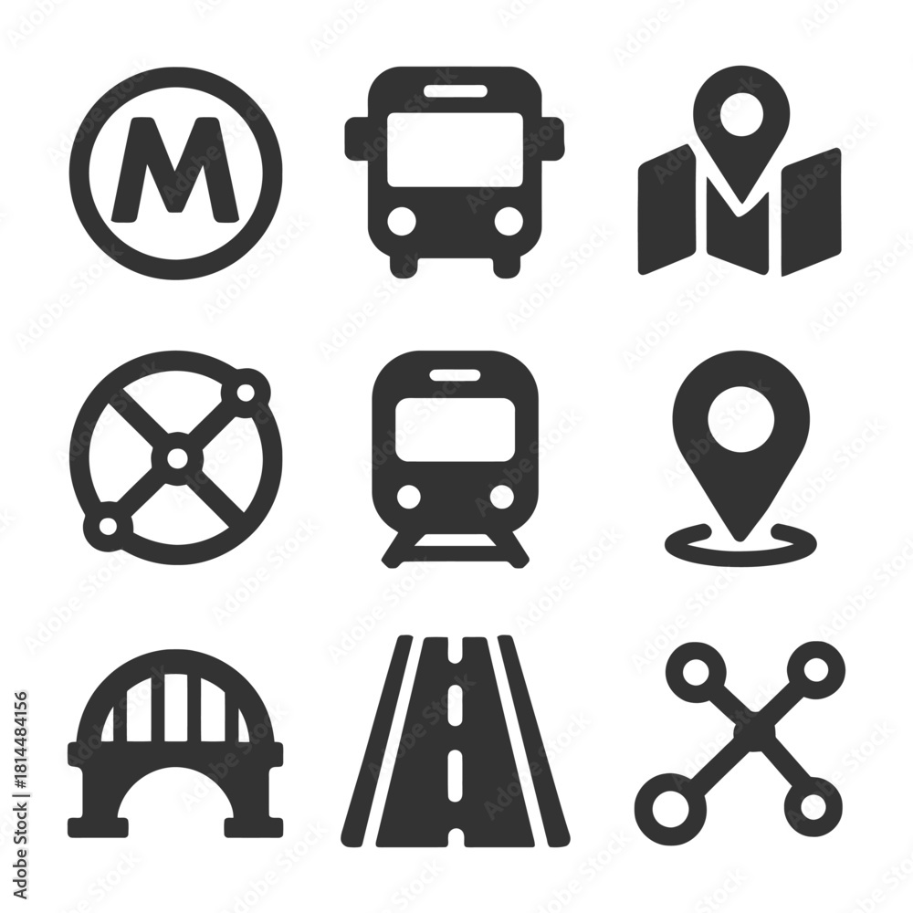 Transportion Map Icon Public transport and navigation icons: bus, train, map, bridge, road ...