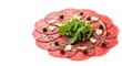 © bijoy - Thinly sliced beef carpaccio with arugula and parmesan isolated on white background