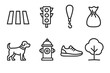 © kamila - Urban Dog Walk Icons. Urban dog walk concept linear icon set: crosswalk, traffic light, leash, poop bag, dog, hydrant, shoe, park tree