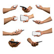 © yuakimov - Set of human's hand palms holding mobile phone with frameless blank screen in different positions and view angles isolated on white