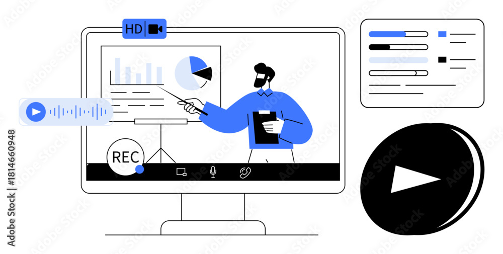 Man presenting charts on a screen with recording and playback features ...