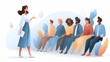 © DesignSells - A woman is presenting to a group of attentive individuals in a modern setting.
