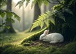 © Normal Desing - Peaceful sleeping white rabbit under large fern leaves on soft mossy ground in a cozy dreamy forest light