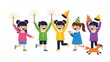 © FARHANA - Celebrating Children: Five happy children with party hats and sparklers in hand revel in a joyous celebration. A dog running on side create joyful mood.