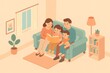 © Татьяна Евдокимова - Family enjoying quality time together, parents reading a storybook to their children on a comfortable sofa at home