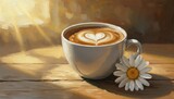Oil painting of a cup of coffee with heart latte art beside a daisy flower bathed in warm morning sunlight symbolizing comfort, warmth, and serenity for a peaceful day