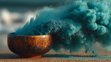 Brązowa miska na drewnianej powierzchni wypełniona jest turkusowym proszkiem, z którego wydobywa się obłok dymu lub pyłu w kolorze niebiesko-zielonym.