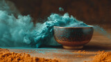 Brązowa miska z proszkiem, z którego unosi się turkusowy pył lub dym, na tle podobnym do kurzu w kolorze pomarańczowym lub brązowym.