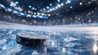© Maksym - Hockey puck lying on cracked rink ice, shards scattered around, reflective frozen surface illuminated by stadium lights, conveying motion anticipation and sports energy