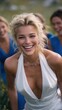 © MMerellinn - A happy bride wearing a beautiful wedding dress smiles joyfully while surrounded by her bridesmaids