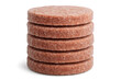 © Krtola  - Stack of five uncooked frozen beef burger patties on a transparent background, ready for grilling or frying