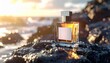 © andre - Luxury perfume bottle displayed on wet rocks with a blurred ocean background during sunset, evoking a sense of elegance and natural beauty