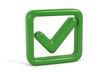 © Krtola  - Green glossy 3d check mark icon inside a square box representing approval, checklist item completion, validation, and agreement