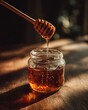 © Klnpherch - Honey Dripping from Wooden Dipper into Glass Jar with Soft Light and Warm Ambience Creating Cozy Vibe in Rustic Setting
