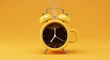 © Miftakhul - A conceptual 3D render of a vibrant yellow alarm clock with a steaming coffee face and a mug handle. This symbolizes morning energy