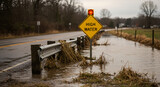 A road is flooded, with a warning sign indicating high water. The scene captures the aftermath of heavy rainfall and potential flooding