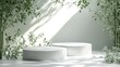 © MBRAMO - White podiums, leafy backdrop, sunlight, nature scene, product display