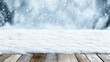 © siraphol - Snowfall snowflake snow winter scene with snowy wooden surface and soft bokeh