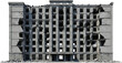 © PNG Creative - Crumbling concrete building facade with broken windows and debris scattered around its base Ruined building destroyed architecture