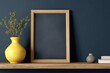 © Dewi - A wooden shelf displays a picture frame, a yellow vase with flowers, and a grey vase with books