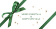 © Gizele - Merry Christmas & Happy New Year design template. Diagonally ribbon with green bow for page or box decor with golden star confetti. Vector stock illustration. Not AI