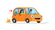 © Abir - Happy young couple driving a cute and cheerful orange cartoon car with a smiling face, representing a fun journey or test drive.