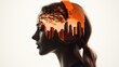 © Virtual Art Studio - The image features a profile of a woman in orange headphones, her silhouette filled with city skyscrapers and tree branches, harmoniously blending urban and natural elements.