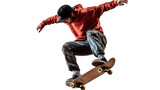 A skateboarder performing a trick against a black background on transparent background