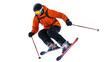 © MUHAMMAD - A skier in orange jacket skiing down a slope with ski poles used on transparent background
