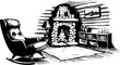 © Good moose - Hand-drawn illustration of a fireplace and chair in a cozy room. This vintage vector set features stone and wood elements for a warm atmosphere.