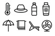 © Іван Ніколов - Heat Safety Essentials. Heat safety concept linear icon set: thermometer, hat, water bottle, sunscreen, umbrella, towel, beach chair, fan symbol