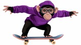 Cartoon primate wearing spectacles and a hooded garment balancing on a wheeled board
