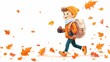 © sungedi - Cheerful young boy wearing warm clothing runs through falling autumn foliage
