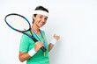 © luismolinero - Young tennis player woman isolated on white background extending hands to the side for inviting to come