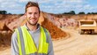 © liliyabatyrova - A cheerful worker wearing a reflective vest stands confidently at a construction site filled with earth mounds and heavy machinery. The bright sky adds to the vibrant scene