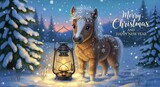 Merry Christmas and Happy New Year greeting card -fluffy pony beside glowing lantern in snowy forest. 