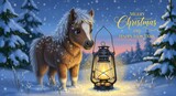 Merry Christmas and Happy New Year greeting card -fluffy pony beside glowing lantern in snowy forest. 