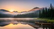 © yourdesignerboy - Golden sunrise over foggy mountain lake with canoe reflections