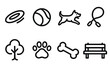 © Crank - Park Playtime Icons. Park activities concept linear icon set: frisbee, ball, dog running, leash, tree, paw print, bone, bench
