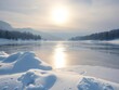 © DITSARAPHAN - Frozen lake reflecting a pale winter sun, surrounded by snowdrifts ,  snow,  wintery