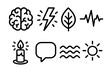 © Crank - Symbolic Mind Icons. Mind Awakening linear icon set: brain, lightning bolt, leaf, heartbeat, candle, speech bubble, thought wave, glow
