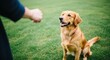 © Mr. Stocker - A happy and obedient golden retriever dog sits on a green lawn, looking up attentively at its owner's hand during a training session in a park on a sunny day