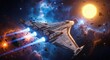 © sambath - A spaceship flying through a starfield with a sun in the background.