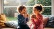 © Margarita Ratatosk - Boy and girl kid eating chocolate chip cookie on window sill. Childhood memories and snack time concept. Innocent happy moments.
