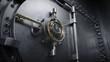 © Imagehub - A robust, heavily fortified bank vault door with intricate mechanical locking mechanisms and gleaming metallic details, suggesting ultimate security.