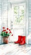 © Bambang - A pair of bright red rain boots sits on a white wooden porch next to a terracotta pot filled with red flowers. A white door with a glass pane, revealing green f