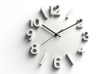 Modern wall clock with large white numbers and black hands on white background, showing clean and minimalistic design with soft shadows creating calm atmosphere